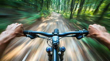 first-person view of someone riding their mountain bike on an off-road trail in the forest, with hands holding onto the handlebars and a speed blur effect