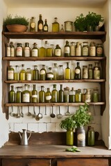 kitchen shelfs with vintage bottles and herbs


