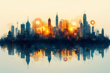 Obraz premium A city skyline with buildings shaped like gears and cogs, representing the industrialization and implementation of ideas.