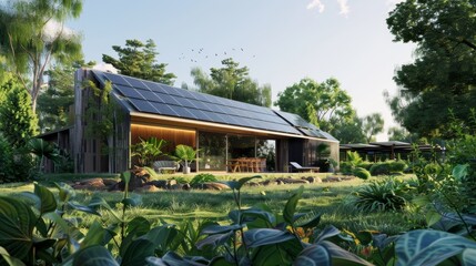 A modern, eco-friendly house integrated with solar panels is surrounded by lush greenery and a well-maintained garden, bathed in warm sunlight.