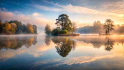 Obraz premium Tranquil autumn landscape with a serene lake reflecting colorful trees and a misty morning sky