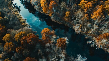 A mesmerizing aerial view of a winding river surrounded by vibrant autumn foliage, capturing the serene beauty of nature in contrasting colors.