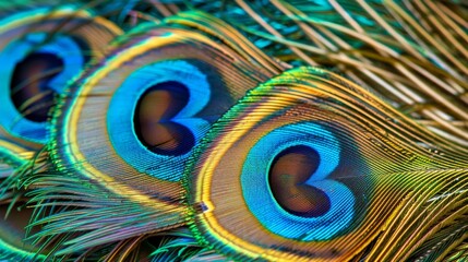 Obraz premium Up-close shot of peacock feathers highlighting their rich, complex textures and striking blue eyespots.