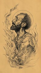 Fototapeta premium Illustration of Martyrdom of St. Polycarp with Flames and Serene Faith, Biblical Illustration, Beige Background, Copyspace