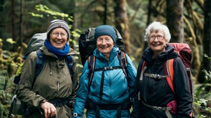 Fototapeta premium Three elderly friends in backpacks and outdoor gear, smiling brightly while hiking through a lush, green forest.