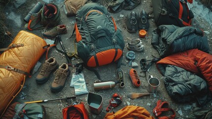An array of outdoor camping gear is spread out on rugged terrain, ready for an adventurous expedition.