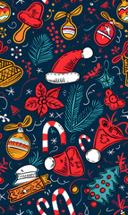 Naklejka premium New Year and Christmas 2d cartoon or graphic advertising background, Seamless pattern