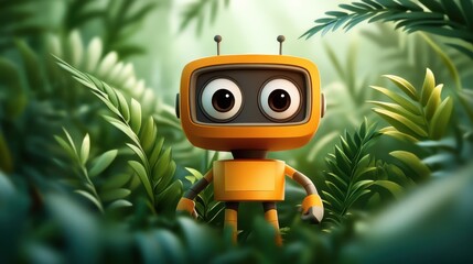 In the image, a small orange robot with large expressive eyes stands surrounded by dense, vibrant green foliage, illuminated by soft light creating a serene jungle ambiance.
