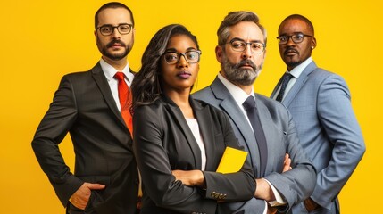 Four professionals stand confidently, dressed in formal business attire with a lively yellow backdrop