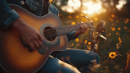Obraz premium Close-up of a musician playing an acoustic guitar in a sunlit field during golden hour, evoking a serene and reflective mood