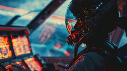 A pilot in a high-tech cockpit, surrounded by glowing digital panels, focused on navigating through the stars, capturing a sense of adventure and technology.