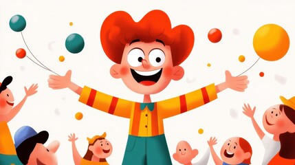 A cheerful clown entertains a group of happy children with colorful balloons in a lively and fun-filled setting, creating a joyful and festive atmosphere.