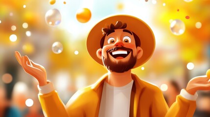 An individual in a hat juggling amidst a bright, colorful celebration scene, highlighting the joyous and lively spirit of the event under a sunny sky.