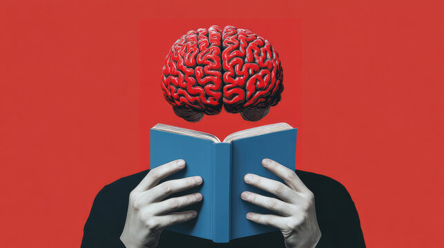 A surreal image of a brain engrossed in reading a book, emphasizing the powerful connection between knowledge acquisition and cognitive stimulation against a bold red background.