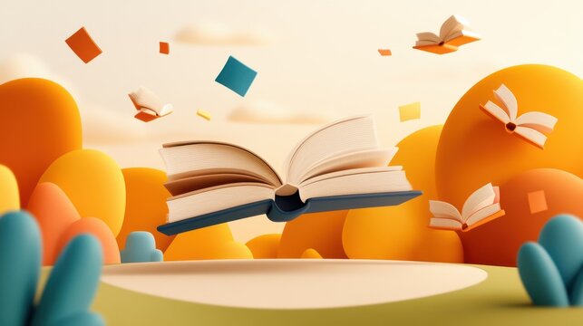 An open book and scattered papers float in an abstract, brightly colored outdoor setting, representing imagination, creativity, and the joy of reading.