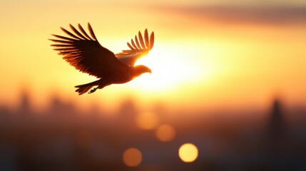 An eagle majestically soars into the vibrant colors of a city sunset, embodying freedom and dominance over the urban landscape, connecting nature with urban life.