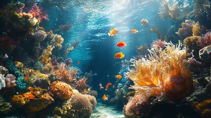 Obraz premium A dynamic underwater scene with a coral reef teeming with life, including a variety of sponges, anemones, and colorful reef fish swimming among the corals. Dramatic Photo Style