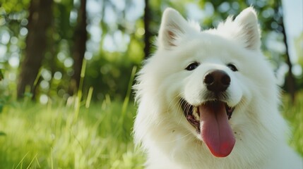 Fototapeta premium A fluffy white dog, possibly a Samoyed, sits happily in a sunlit, green forest, with its tongue out and a joyful expression.