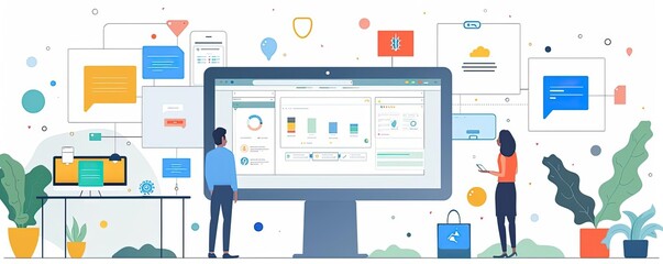 Multi-channel marketing, integrating efforts across platforms, flat design illustration