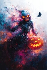 Naklejka premium Skeleton Dancing with Pumpkin and Ghost