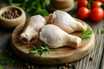 Raw chicken meat cutting on a wooden board commercial advertising photo