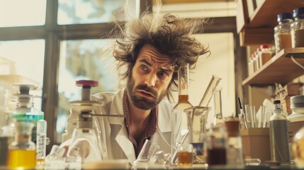 A disheveled scientist with wild hair is caught in the middle of a chaotic experiment, surrounded by lab equipment and chemicals.