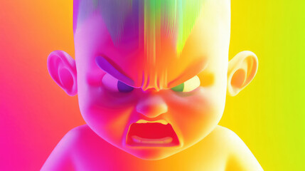 An eye-catching vibrant abstract portrait of a colorful angry baby set against a rainbow-colored background, creating a playful and modern depiction of youthful innocence.