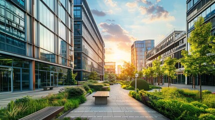 A modern office complex bathed in the golden hue of sunrise, with lush green landscaping and benches lining a pedestrian pathway creating a serene atmosphere.