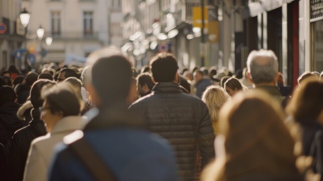 A multitude of people crowd a street between tall buildings, perfectly capturing the dense, fast-paced, and dynamic atmosphere of urban life.
