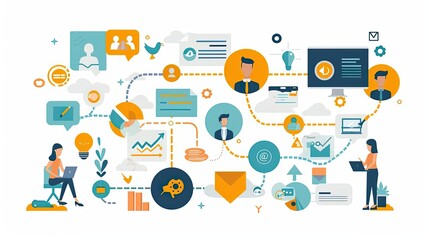 Marketing plan, comprehensive roadmap for campaigns, flat design illustration