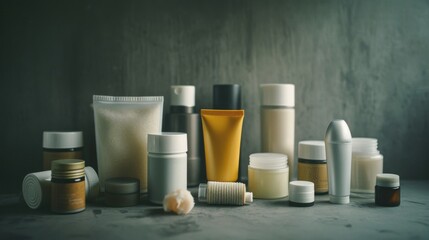 A variety of skincare and cosmetic containers are artistically arranged against a sleek, gray background, evoking a sense of modern beauty and self-care.