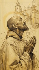 Fototapeta premium Illustration of Vision of Christ to St. Ignatius of Loyola in Prayer, Jesuit Order, Biblical Illustration, Beige Background, Copyspace