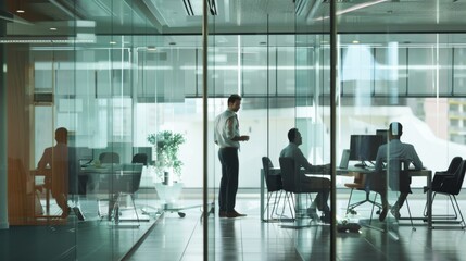 Urban office with glass partitions, colleagues engaged in discussions, and a bright, bustling atmosphere reflecting modern corporate culture.