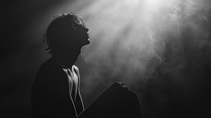 Dark-themed portrait of a person in deep thought depicted against a minimalistic background The scene conveys a somber mood and a sense of emotional weight The person appears lost in contemplation