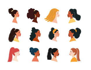 Set of young women bust or avatar isolated on transparent background