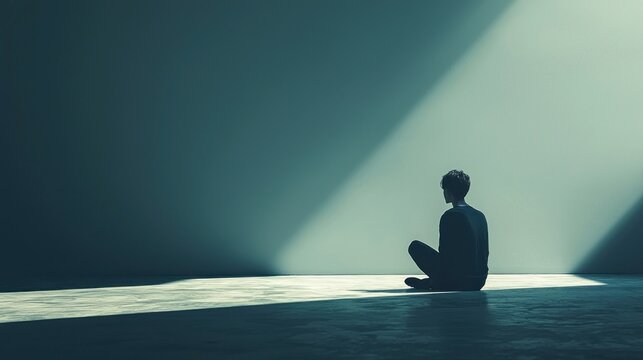 Dark-themed portrait of a person in deep thought depicted against a minimalistic background The scene conveys a somber mood and a sense of emotional weight The person appears lost in contemplation