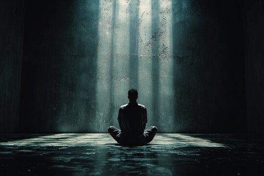 A solitary figure sits in a dark room with a dramatic contrast between light and shadow The environment reflects inner turmoil and heavy emotions The person face is partially obscured to emphasize