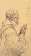 Fototapeta premium Illustration of Prayer of St. Wolfgang of Regensburg in 10th-Century German Church, Biblical Illustration, Beige Background, Copyspace