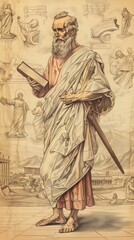 Fototapeta premium Illustration of St. Paul with Book and Sword, Missionary Journeys, Biblical Illustration, Beige Background, Copyspace