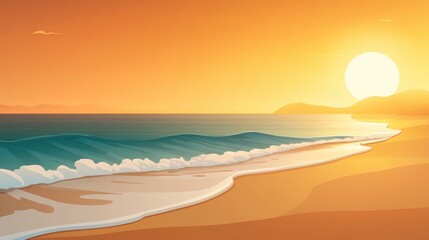 The golden hour over a sandy beach, with gentle waves breaking on the shore and the sun setting, casting a warm glow on the tranquil sea and distant hills.