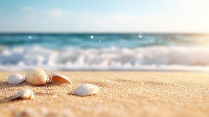 Obraz premium A sandy beach is adorned with seashells near the shoreline with the ocean waves crashing gently in the background, representing peaceful seaside moments.
