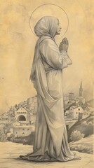 Illustration of Prayer of St. Ursula in 4th-Century German Village, Biblical Illustration, Beige Background, Copyspace