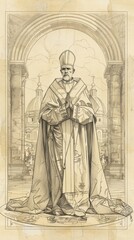 Illustration of Bishop's Robes of St. Ambrose of Milan in 4th-Century Italian Church, Biblical Illustration, Beige Background, Copyspace