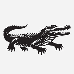  A stark black and white illustration of an alligator, jaws agape, exuding primal power and danger.