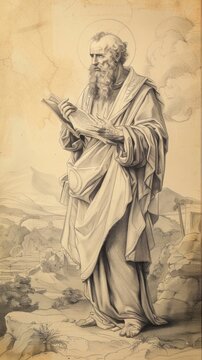 Illustration of Preaching of St. Barnabas with Ancient Cyprus, Biblical Illustration, Beige Background, Copyspace