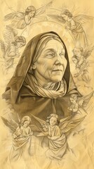Fototapeta premium Illustration of In Mystical Vision, St. Teresa of Ávila Surrounded by Angels, Biblical Illustration, Beige Background, Copyspace