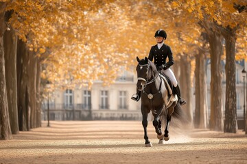 Para-equestrian rider in perfect harmony with their horse, performing dressage in a picturesque Parisian setting