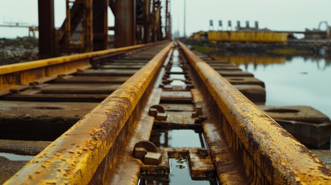 Gritty perspective of parallel, worn railway tracks extending indefinitely into an industrial, desolate landscape.