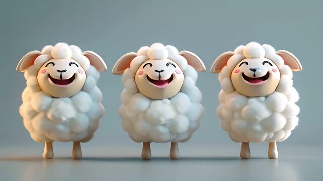 Three fluffy white sheep stand in a row, laughing with open mouths. They are against a light blue background.