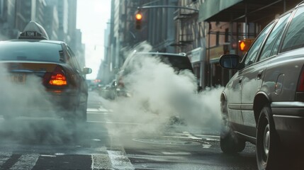 A bustling city street with cars releasing misty emissions, capturing the hustle, background towers, and environmental challenges of city life.